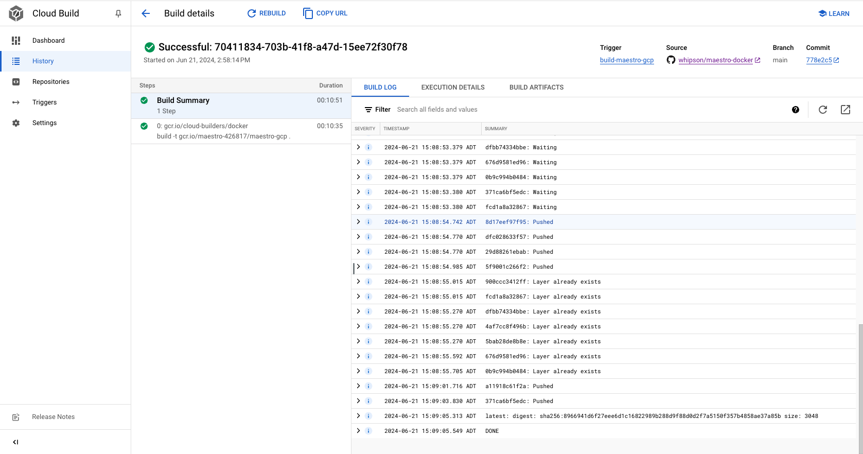 Screenshot of GCP Console showing successful cloud build.