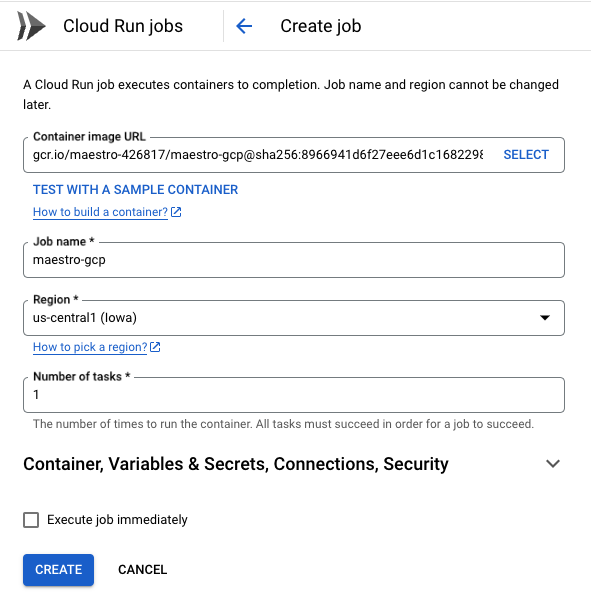 Create Job wizard in GCP Console.