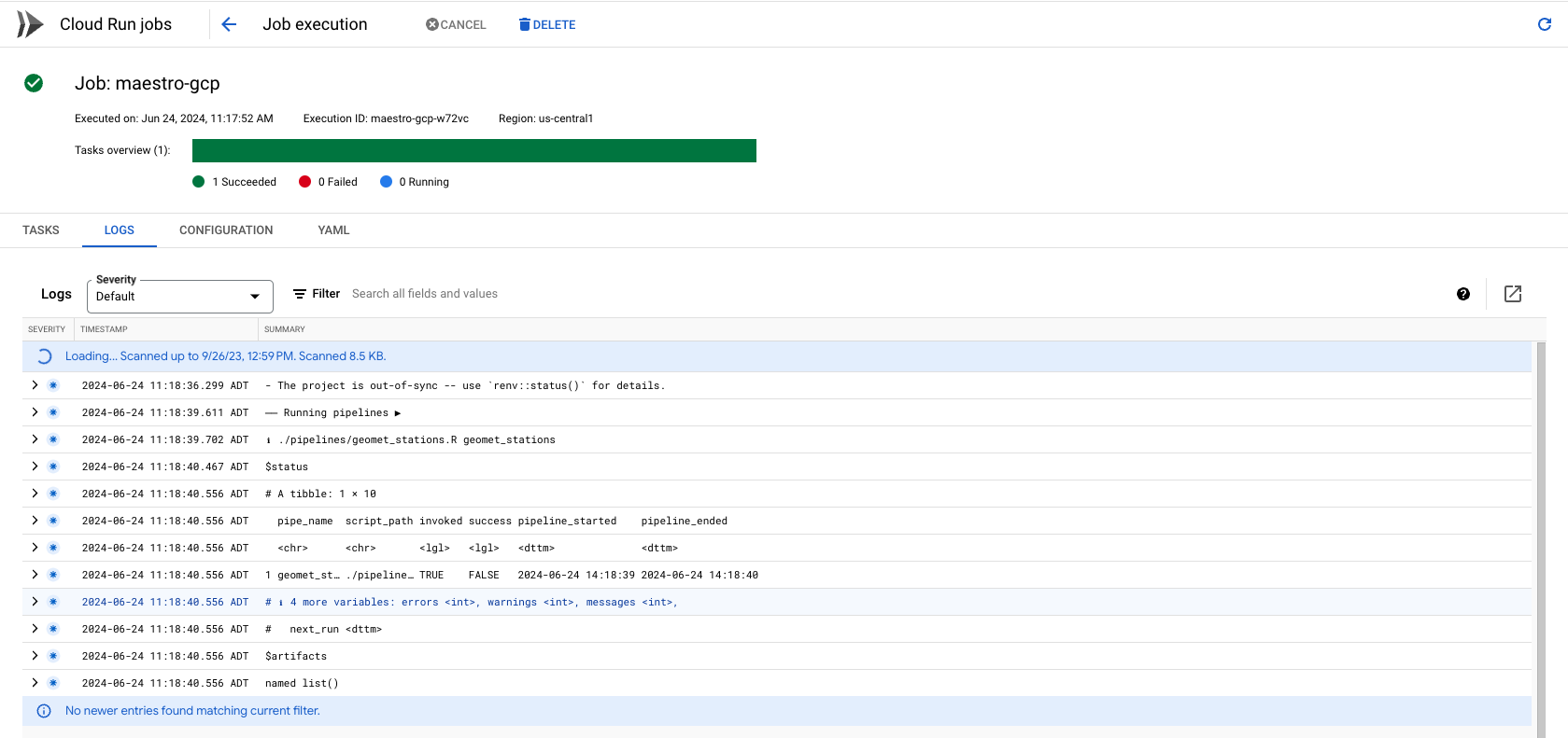 Screenshot of the GCP console showing the successful run of a scheduled job.